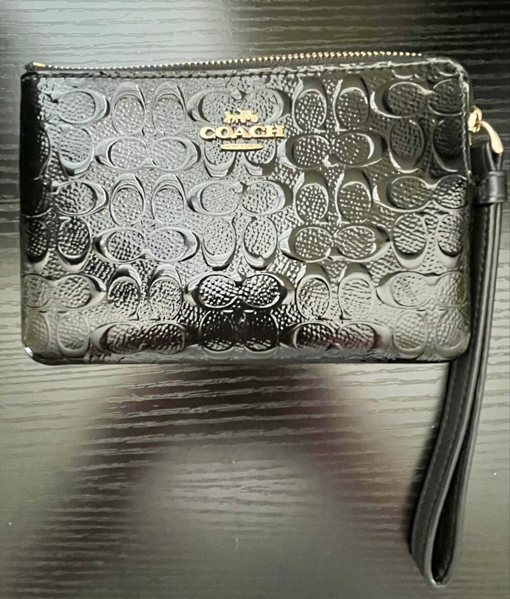 Coach Glossy Black Signature Leather Corner Zip Wristlet